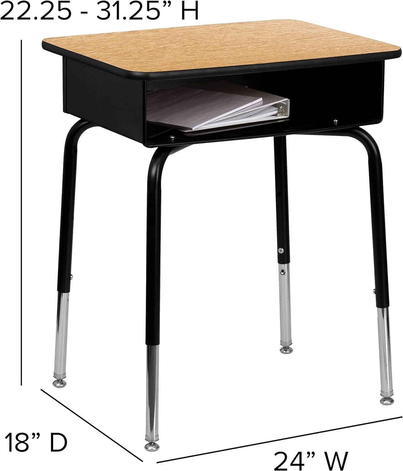 Billie Open Front Student Desk for Classrooms or Remote Learning, Height Adjustable School Desk with Metal Book Box, Natural/Black