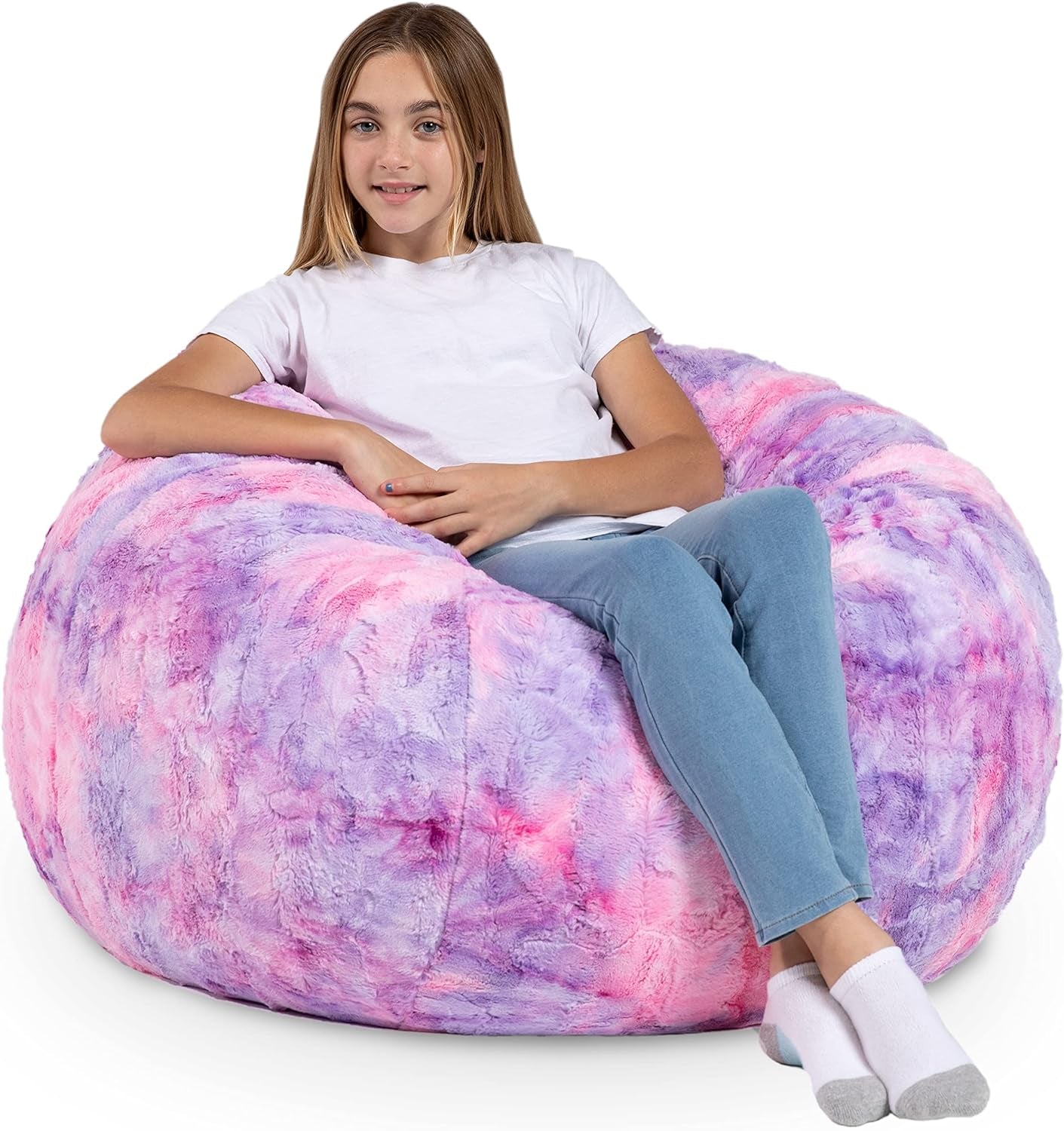 Saxx 3 Foot Bean Bag Chair - Faux Fur - Fun Colors, Unicorn Pink with Removable Cover