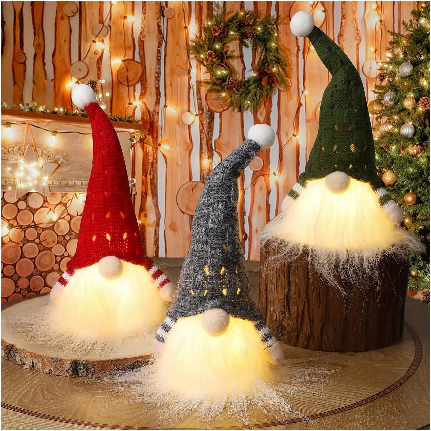 Christmas Plush Gnomes, 9 Inch Lighted Handmade Mini Gnome Scandinavian, Light up Swedish Tomte Elf Holiday Present, Battery Operated Xmas Gifts Table Ornaments Dinner Party Supplies, Set of 3