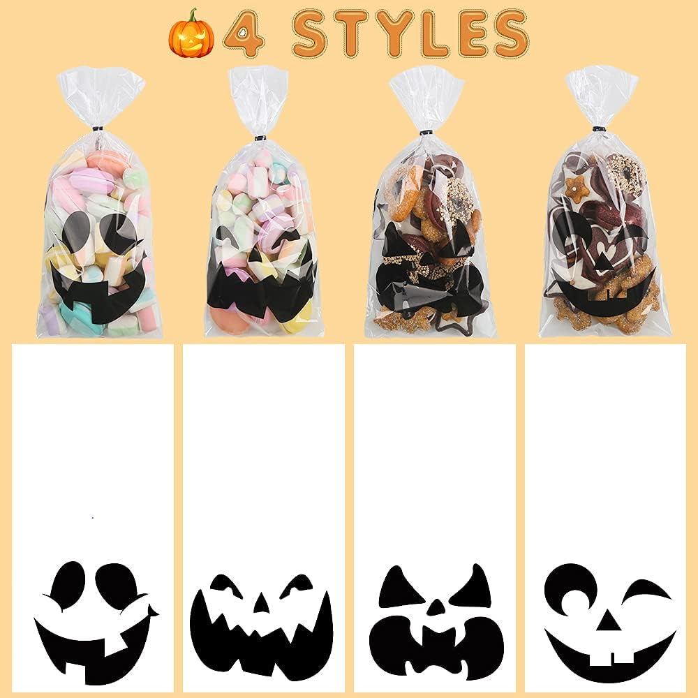 Halloween Cellophane Bags,120Pcs Halloween Clear Cellophane Candy Gift Treat Bags with 150PCS Twist Ties for Halloween Party Favors Supplies(4 Styles)