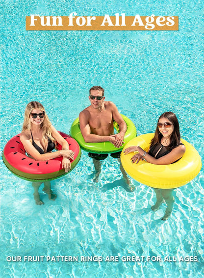 Inflatable Swim Tube Raft (3 Pack) with Summer Fruits Painting, Pool Toys for Swimming Pool Party Decorations