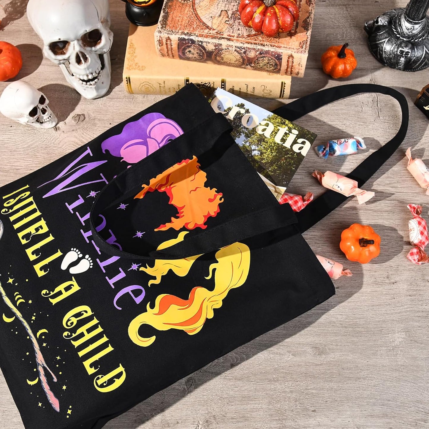 Halloween Tote Bag Trick or Treat Bag Halloween Canvas Bags Reusable Large Halloween Gifts Grocery Candy Bag for Kids