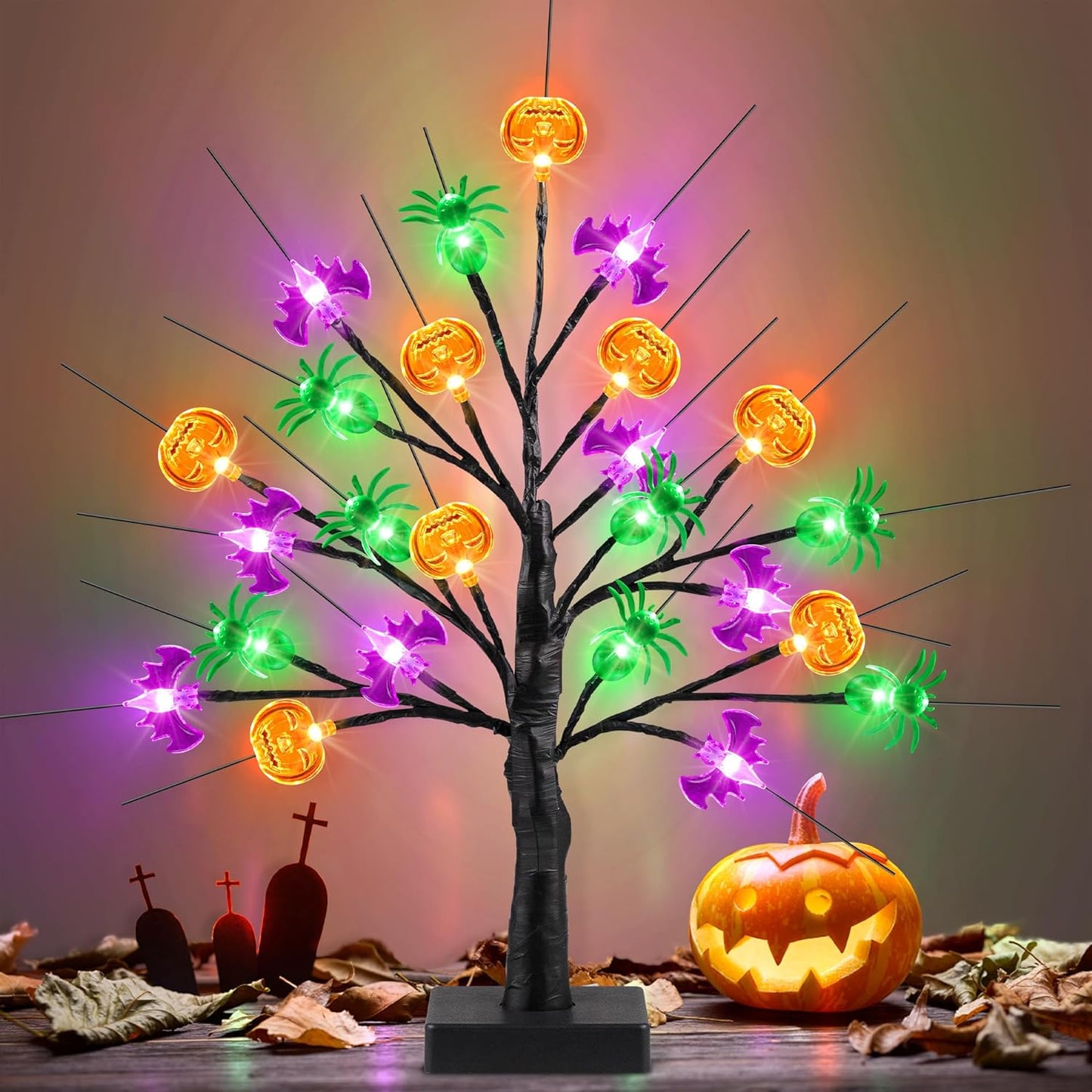 [Timer] Halloween Decor 18 Inch Black Halloween Tree with 24 LED Pumpkin Bat Spider Light, Usb/Battery Operated Lighted Birch Tree Spooky Halloween Table Decorations Indoor Outdoor for Home Room Party