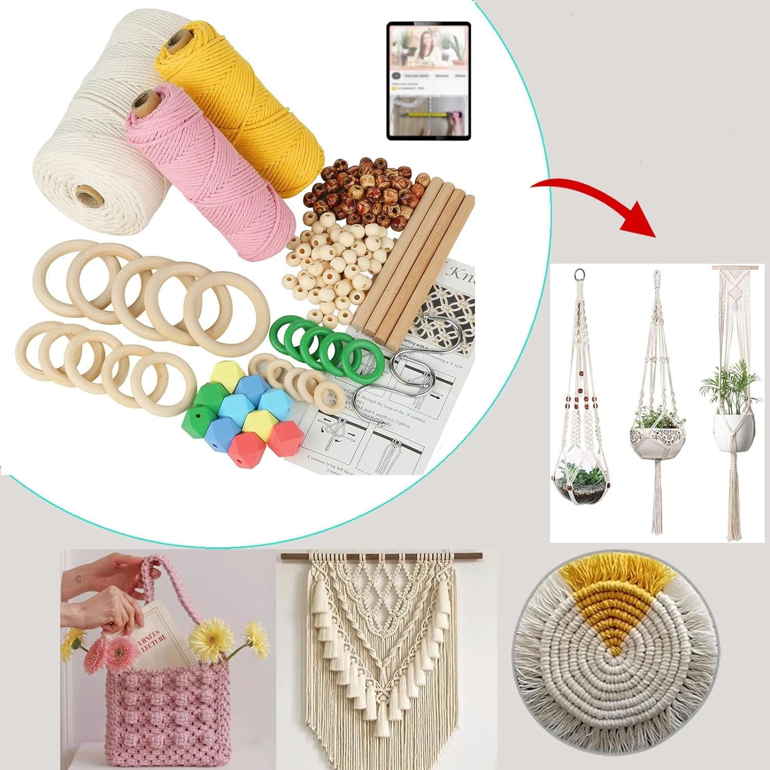 Macrame Kit, All in Macrame Supplies 109Yards X 3Mm Macrame Cord,Diy Macrame Kit for Adults Beginners, Macrame Beads with Wooden Rings and Wooden Sticks for Macrame Plant Hanger Kit