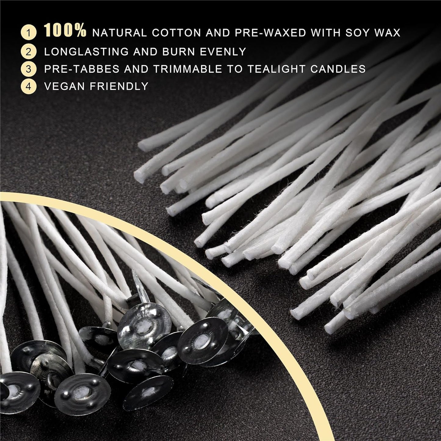 Candle Wicks 90 Pcs (4 Inch, 6 Inch, 8 Inch) with 2 Candle Wick Holders & 90 Wick Tab Stickers, Long Lasting Pre-Waxed & Tabbed Cotton Threads with No Black Smoke for Candle Making