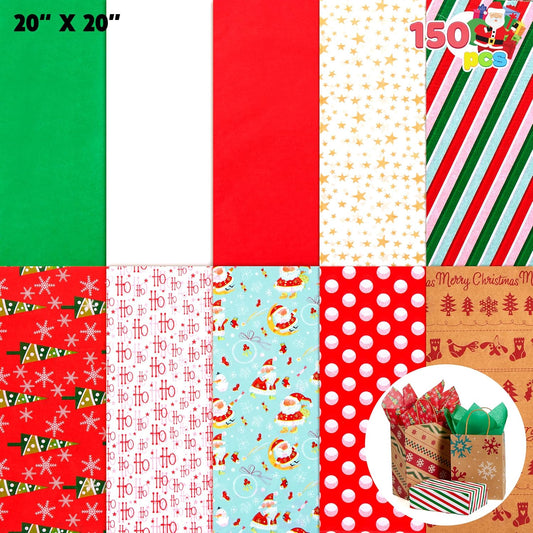 150 Sheets Christmas Tissue Paper Assorted Design; Easy and Fast Gift Wrapping Accessory Perfect for Present Boxes, Xmas Gift Wrapping Bags and Wine Bottles