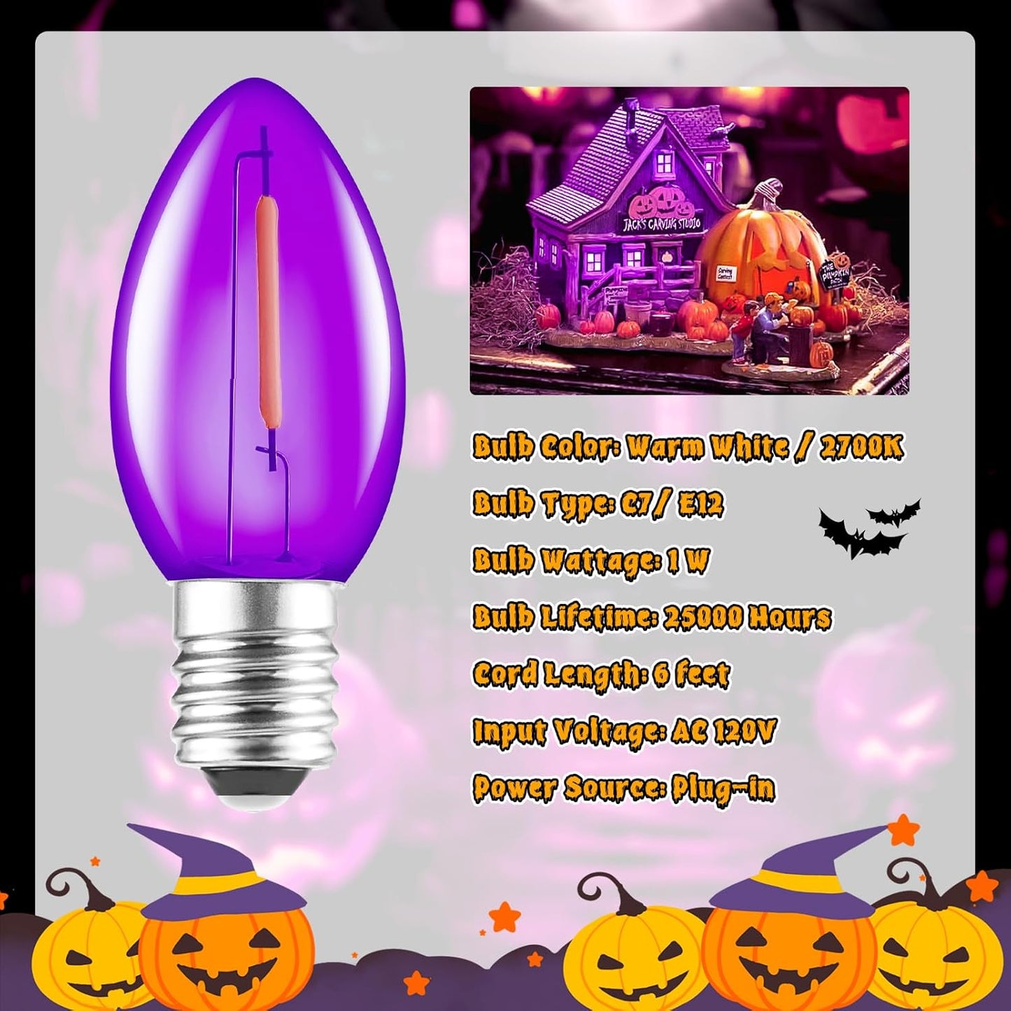Accessory Cord with One LED Light Bulb - 6Ft Cord with On/Off Switch for Halloween Pumpkin, DIY Craft Projects, Paper Lantern Halloween Decoration, Village House, Holiday Ceramic Trees, 2 Pack, Purple