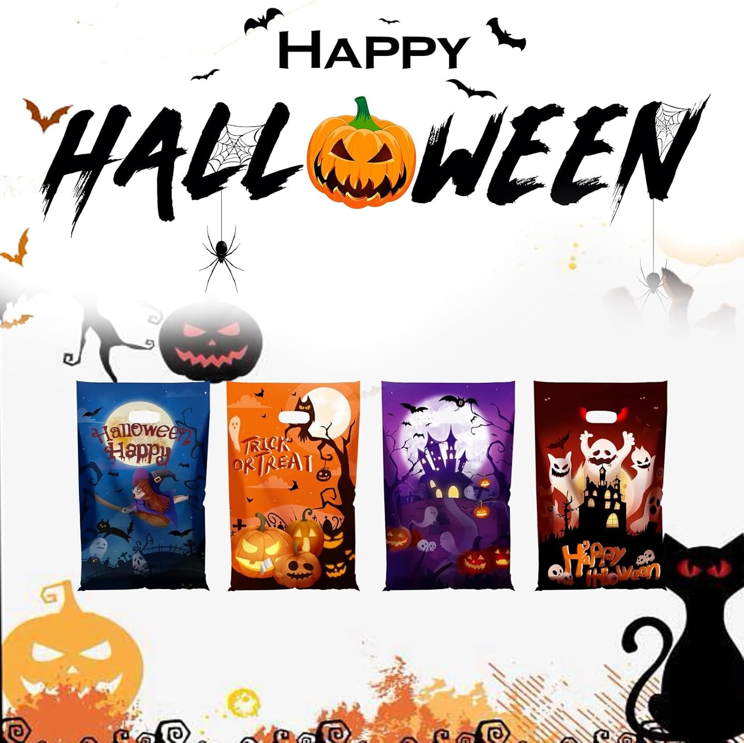 6.5''X10.5'' Halloween Cellophane Treat Bags with Handle, Halloween Trick or Treat 50 Pack Goodie Bags Halloween Candy Goody Bags for Halloween Decorations Party