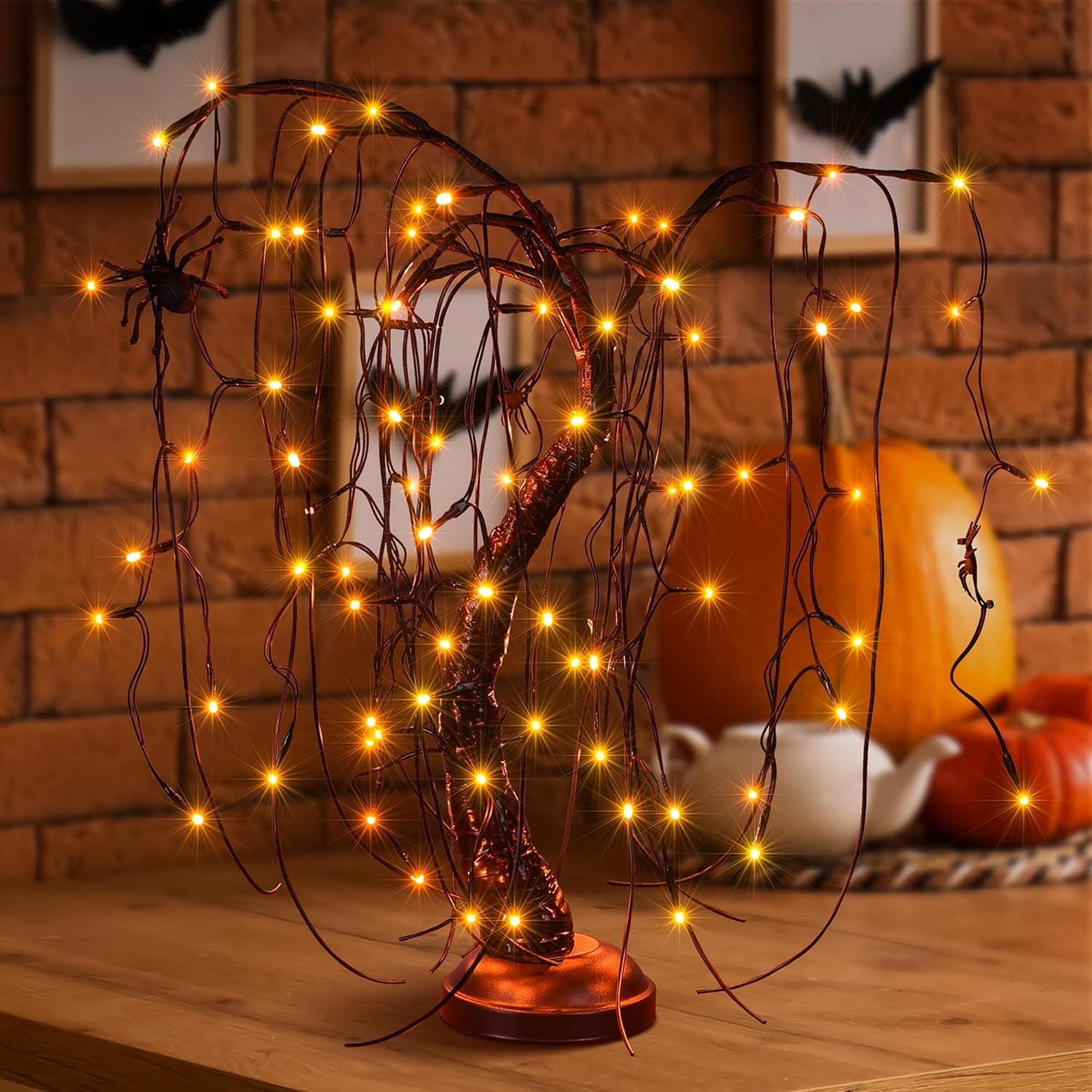 24Inch Halloween Lighted Willow Tree Bonsai Light 80 Orange LED Lights Table Top Lamp Artificial Tree Desk Decor with 4 Spiders Adapter Plug In/Battery Powered for Christmas Nativity Decoration