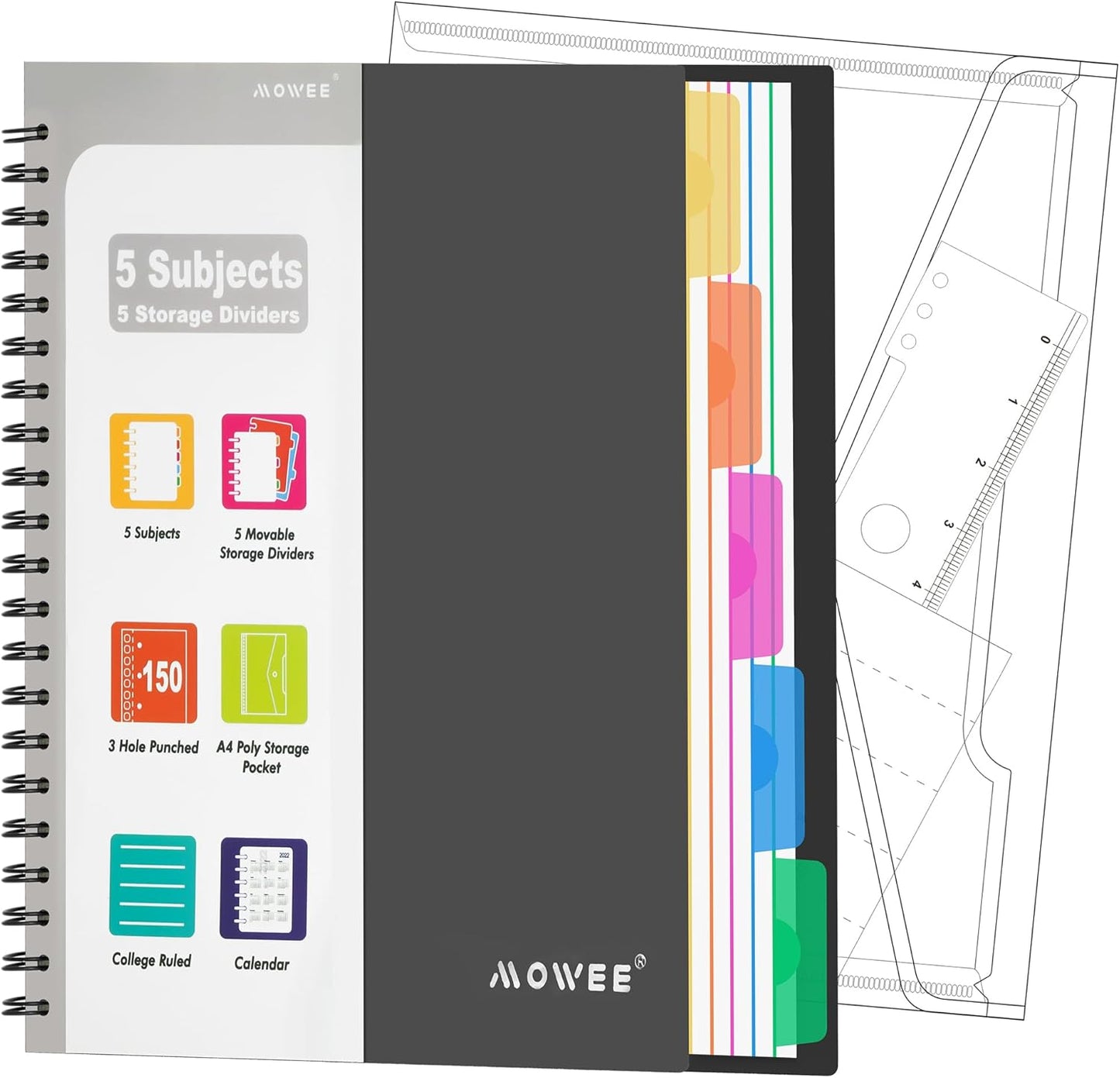 Spiral Notebook - 5 Subject Notebook, College Ruled Notebook with Dividers Pocket, Tabs Label, 11" Ruler, 200 Pages, for Writing Journal, Home & Office, School Supplies, 8.5''X11''Black