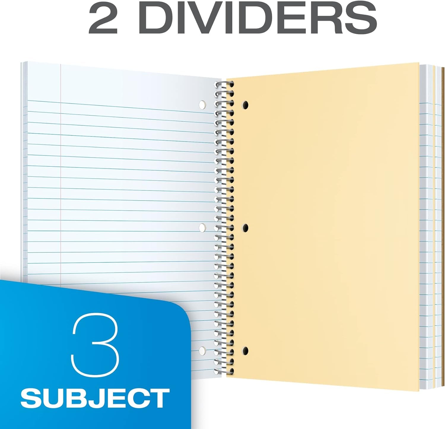 Spiral Notebook 3 Pack, 3 Subject, College Ruled Paper, 2 Dividers, 8 X 10-1/2 Inches, Black, Red, Blue, 120 Sheets (65202)