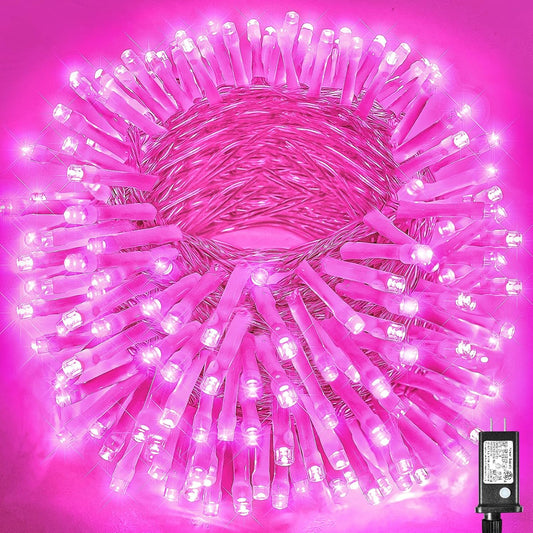 300 LED Pink String Lights, 99Ft Pink Christmas Lights Outdoor 8 Modes Clear Wire, Plug in Waterproof Twinkle Fairy Lights for Bedroom Indoor Wedding Valentines Christmas Decorations