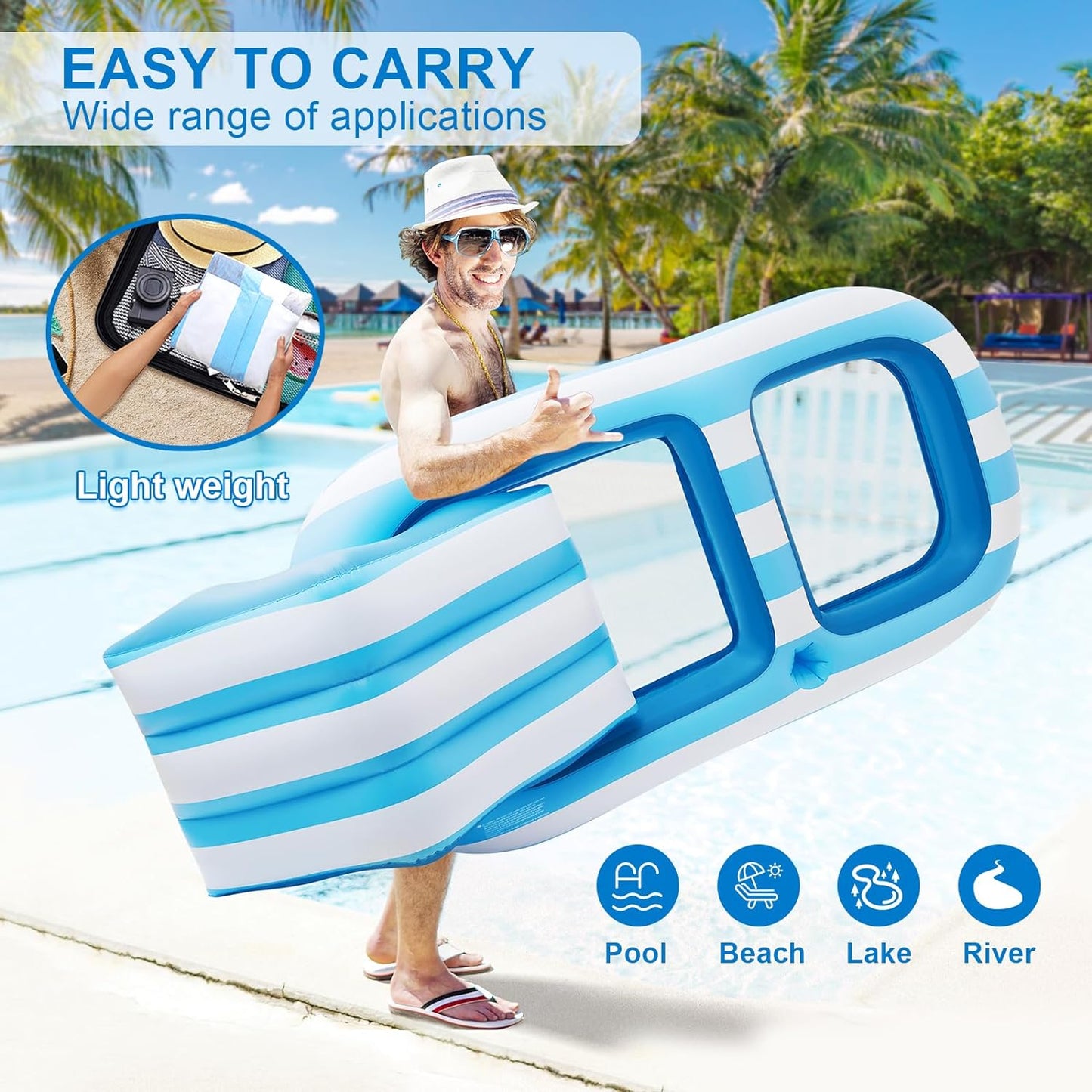 Pool Floats Adult Size, Inflatable Rafts Pool Lounger with Headrest & Cup Holder, Large Pool Floaties for Adult Heavy Duty Swimming Pool, Beach & Lake Sunbathing