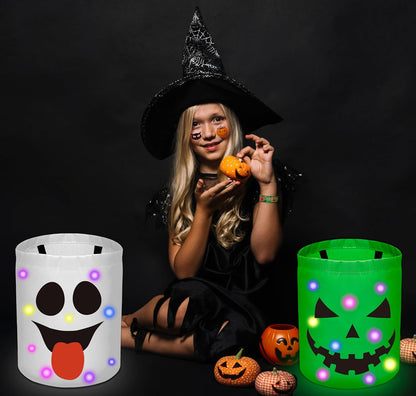 4Pcs Halloween Trick or Treat Bucket Candy Bags - LED Light up Pumpkin Basket Gift for Kids with Bracelets Stickers