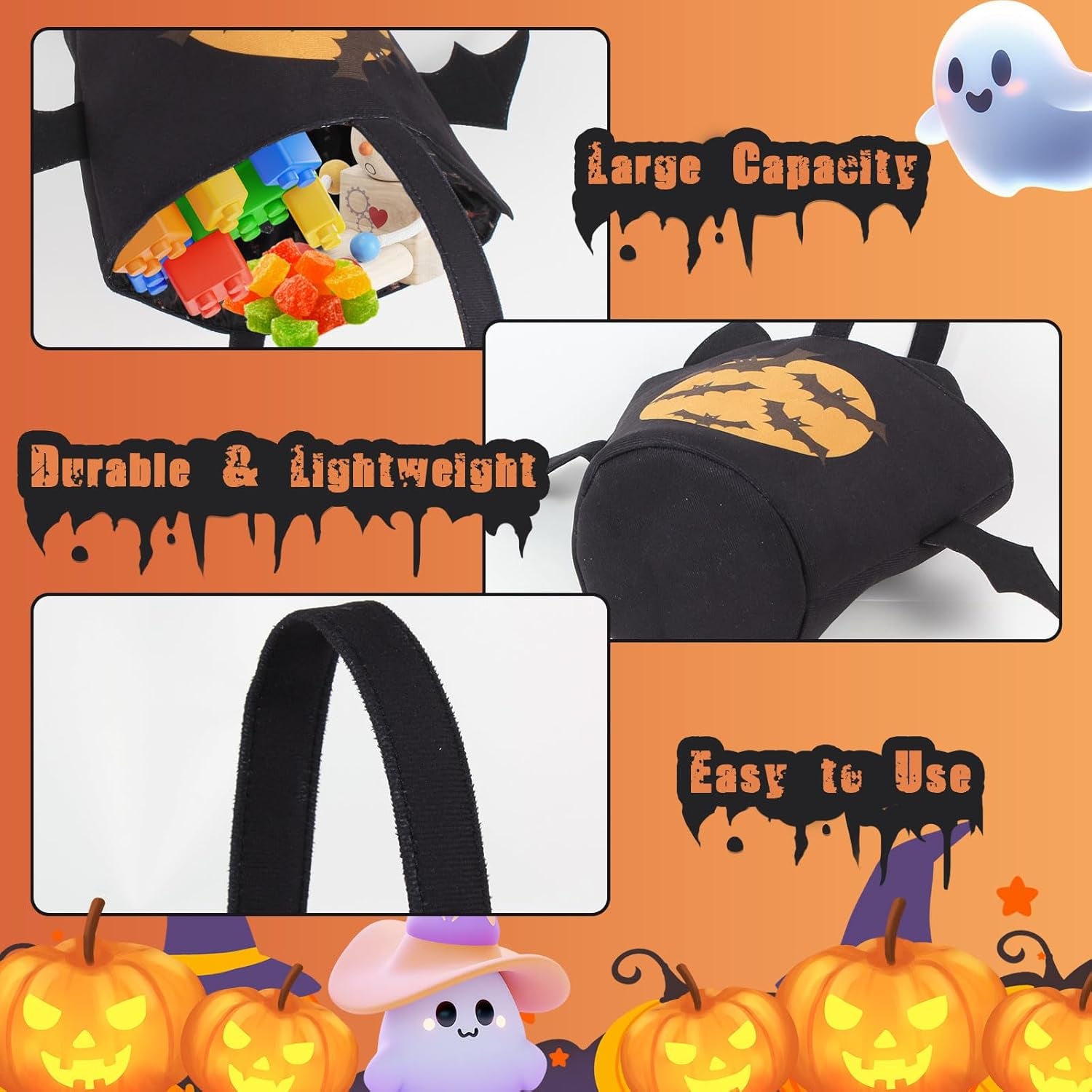 Halloween Candy Trick or Treat Goodie Bags Kids Bat Bucket Basket with Handle Large Reusable Multipurpose Canvas Tote Bag Halloween Gifts Party Favors Supplies for Kids,Black