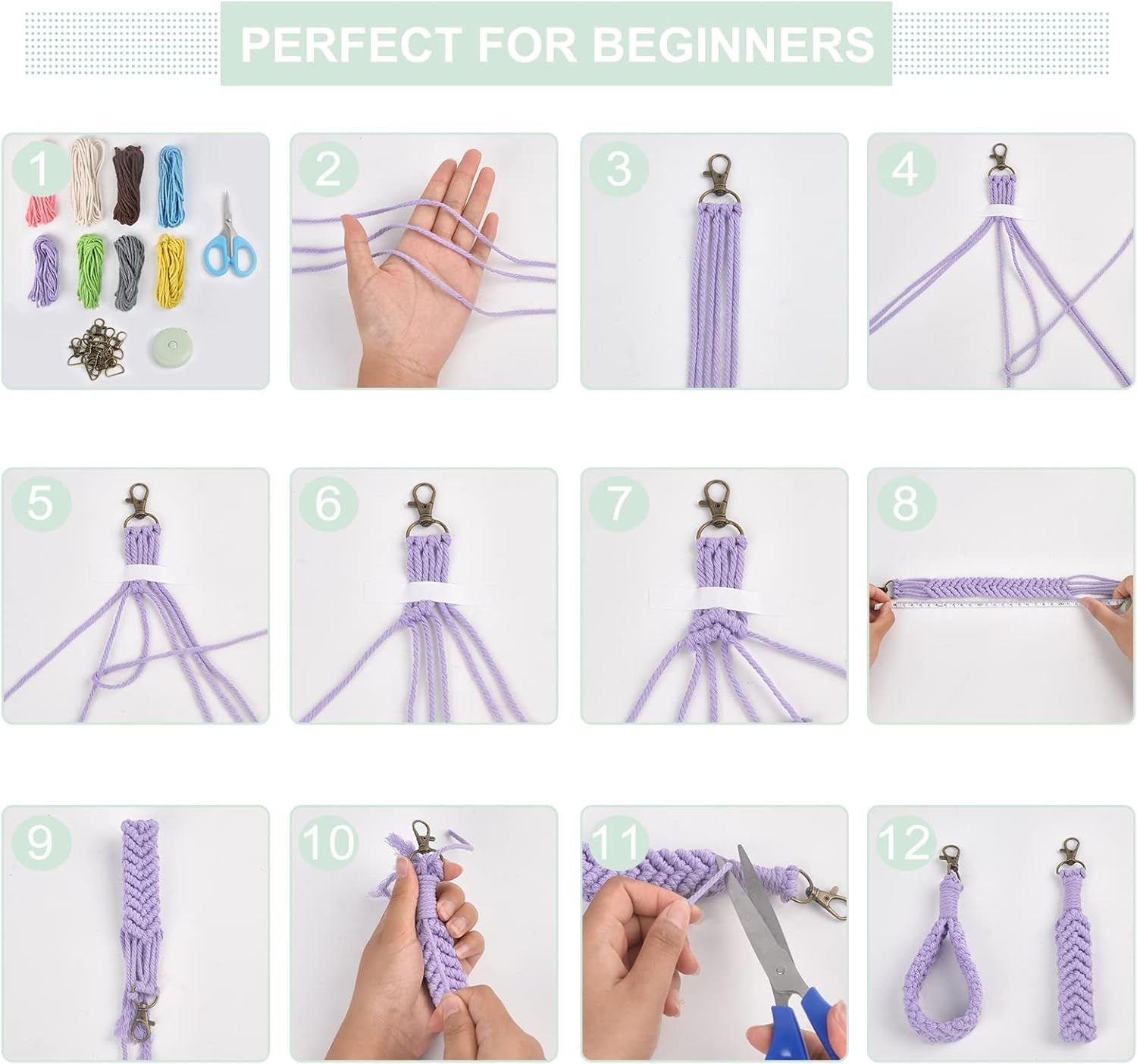 8 Set DIY Macrame Boho Keychain Bracelet Kit Handmade Boho Wristlet Keychain Macrame Key Wristlet Keyring Holder Wrist Lanyard for Women