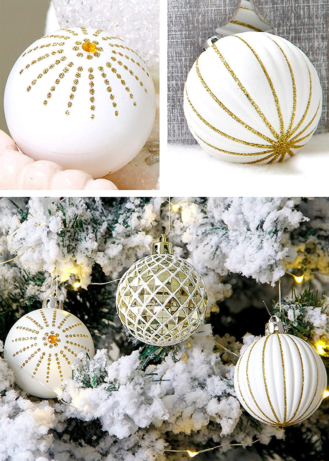 30PCS Christmas Balls Ornaments,60Mm Gold&White Painted Shatterproof Festive Wedding Hanging Ornaments Christmas Tree Decoration