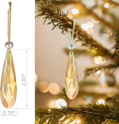 Crystal Glass Christmas Ornaments, 6Pcs Teardrop Prism Hanging Crystals for Christmas Tree,Centerpieces,Wedding,Party Decor (Gold)