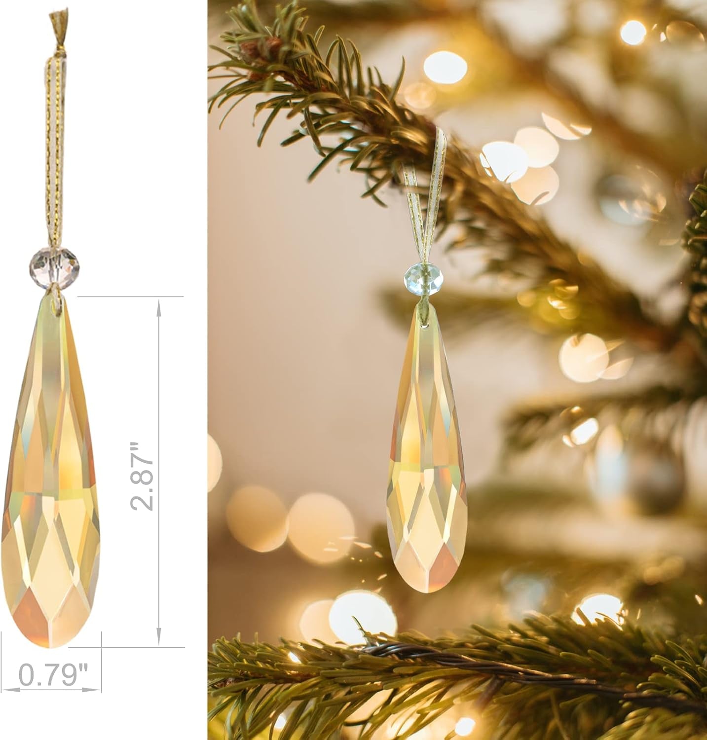 Crystal Glass Christmas Ornaments, 6Pcs Teardrop Prism Hanging Crystals for Christmas Tree,Centerpieces,Wedding,Party Decor (Crystal AB)