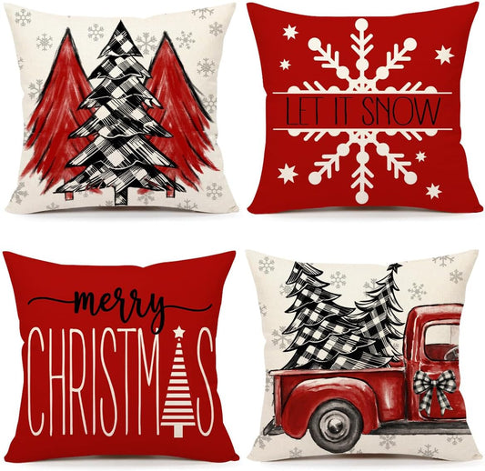 Red Christmas Pillow Covers 18X18 Set of 4 Farmhouse Christmas Decorations Merry Christmas Tree Truck Hello Winter Holiday Decor Throw Cushion Case for Home Couch S23C03