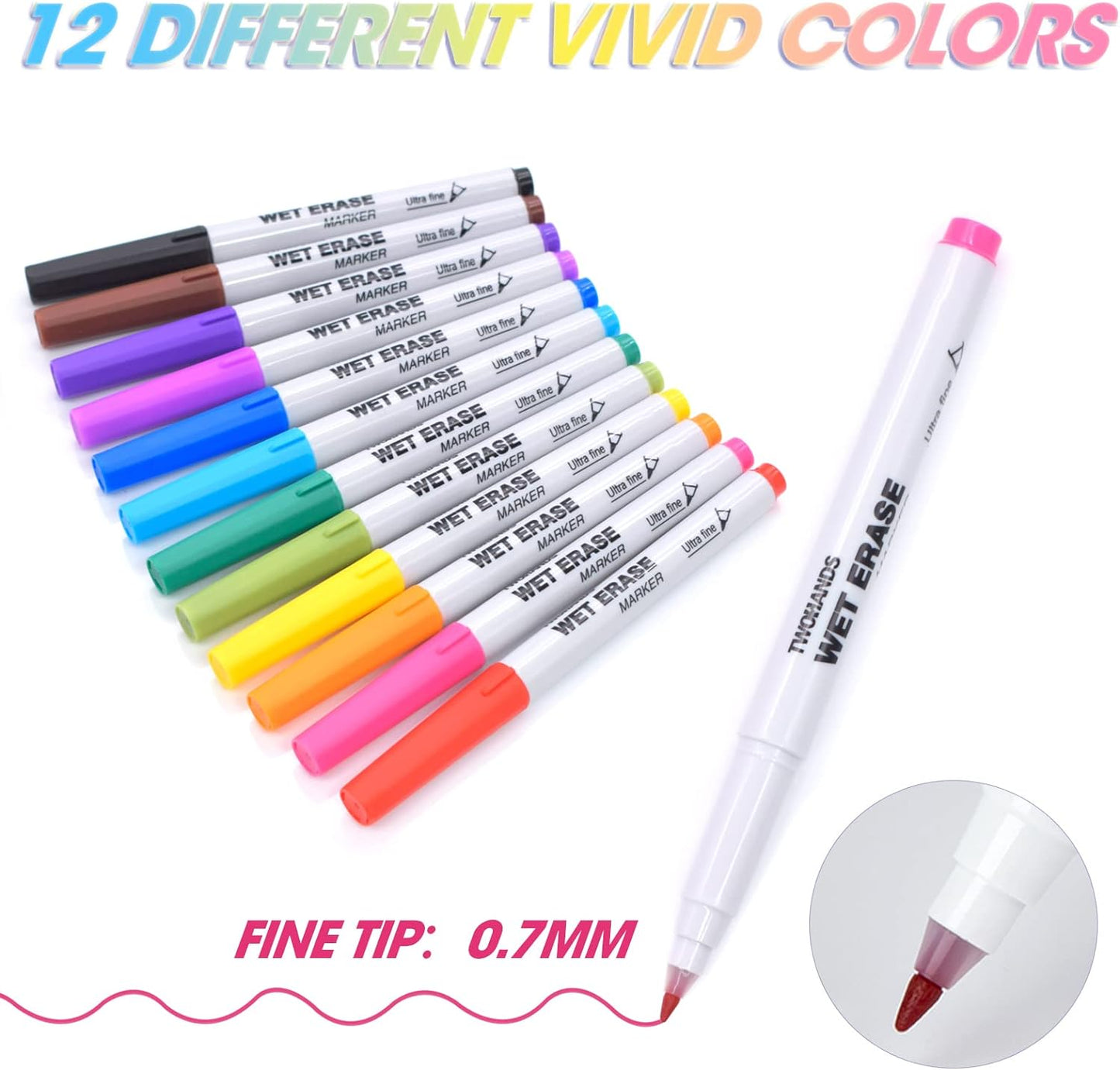 Wet Erase Markers Ultra Fine Tip,0.7Mm,Low Odor,Extra Fine Point,12 Assorted Colors,Whiteboard Markers for Office,Home,Or Planning Dry Erase Board,20703