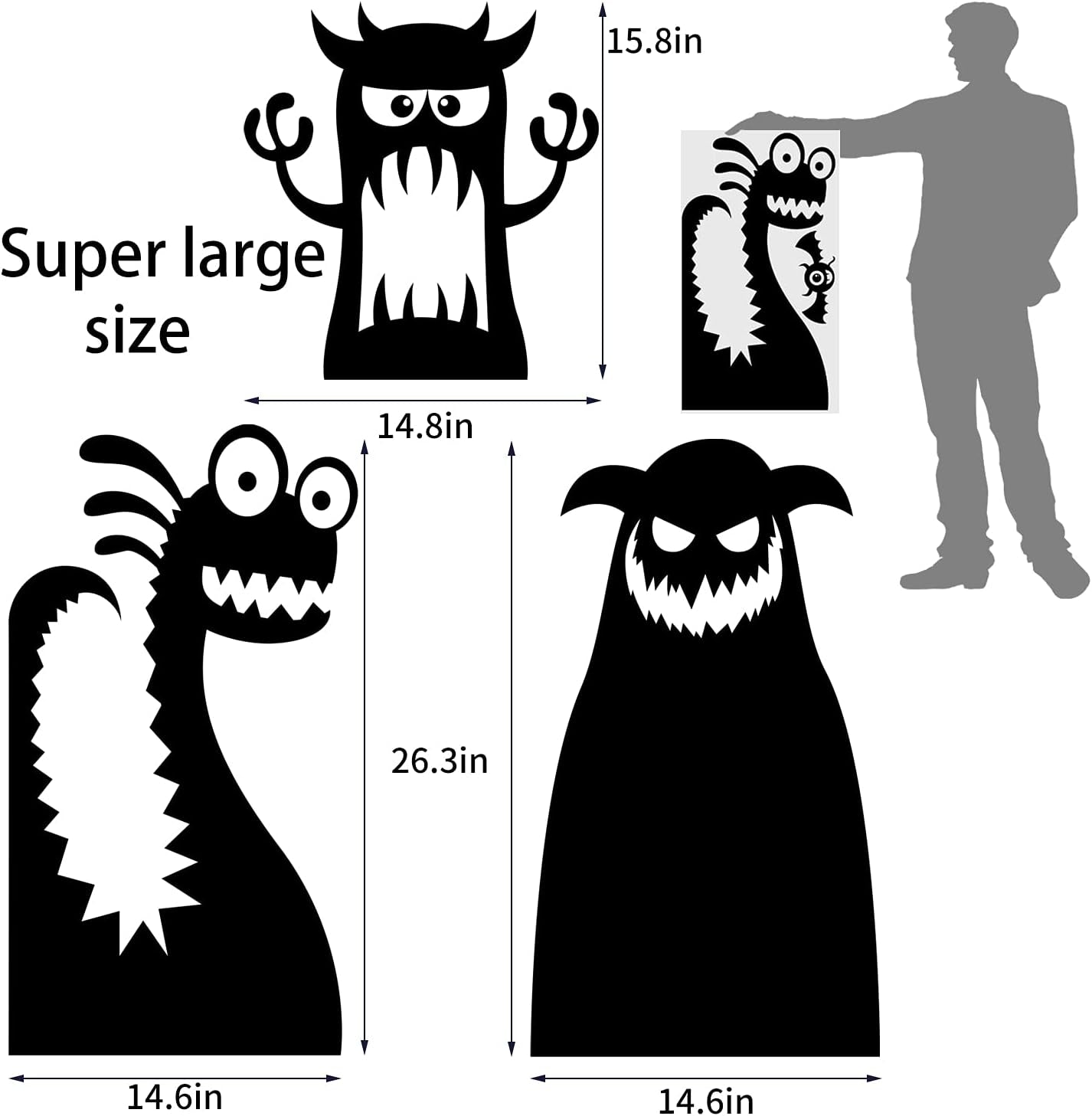 Halloween Large Window Decoration Clings,5 Monster Silhouette Window Stickers Decals for Halloween Indoor,Room and Kids Party Decor