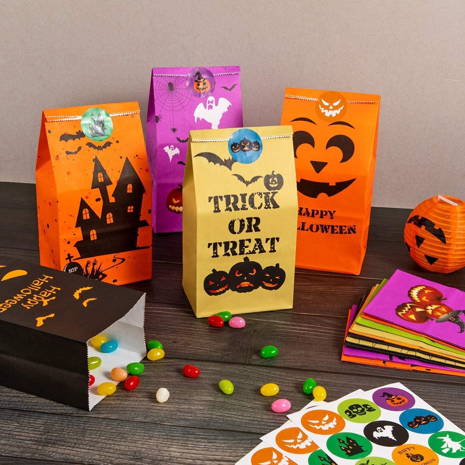 Halloween Treats Bags Party Favors 80 Pcs Kids Halloween Candy Bags for Trick or Treating + 84 Pcs Halloween Stickers, Mini Paper Gift Bags for Treats Snacks, Halloween Goodie Bags Party Supplies