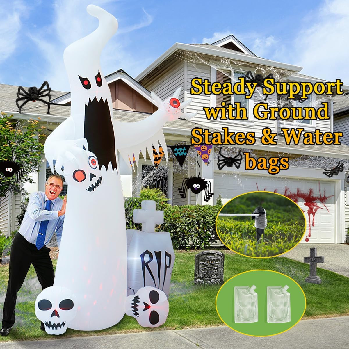 12 FT Halloween Inflatables Outdoor Halloween Blow up Yard Decorations Horror White Ghost with 3 Skull Heads Bleeding Eyeball Tombstone Halloween Decorations Clearance for Party Yard Garden