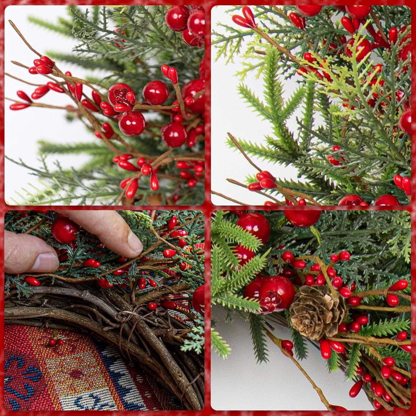 Artificial Christmas Wreath 22 Inch Christmas Wreaths for Front Door Large Winter Wreath with Pine Cones and Red Berries for Outdoor Indoor Holiday Xmas Celebration(Red)