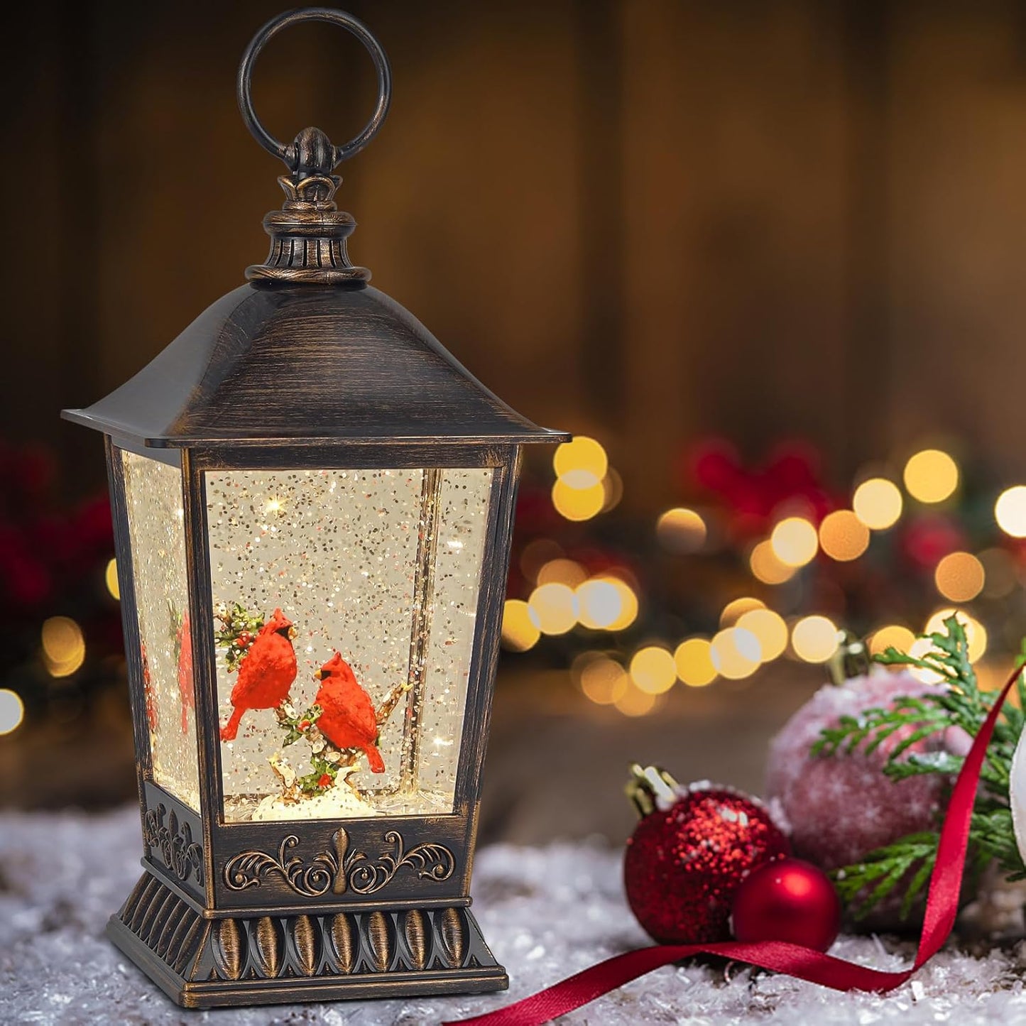 Cardinal Christmas Snow Globe, 11 Inch Musical Snow Globe Lantern, 6H Timer Lighted Christmas Snow Lantern, USB and Battery Operated Lantern, Christmas Decoration for Holiday Season Home Decor.