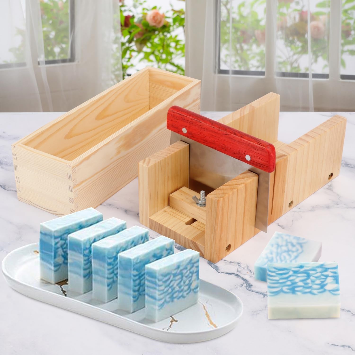 Premium Soap Making Kit with 3PCS 42Oz Silicone Moldss & Wooden Box & Two Cutter, Complete Crafting Set for Pour or Cold Process Soap, by