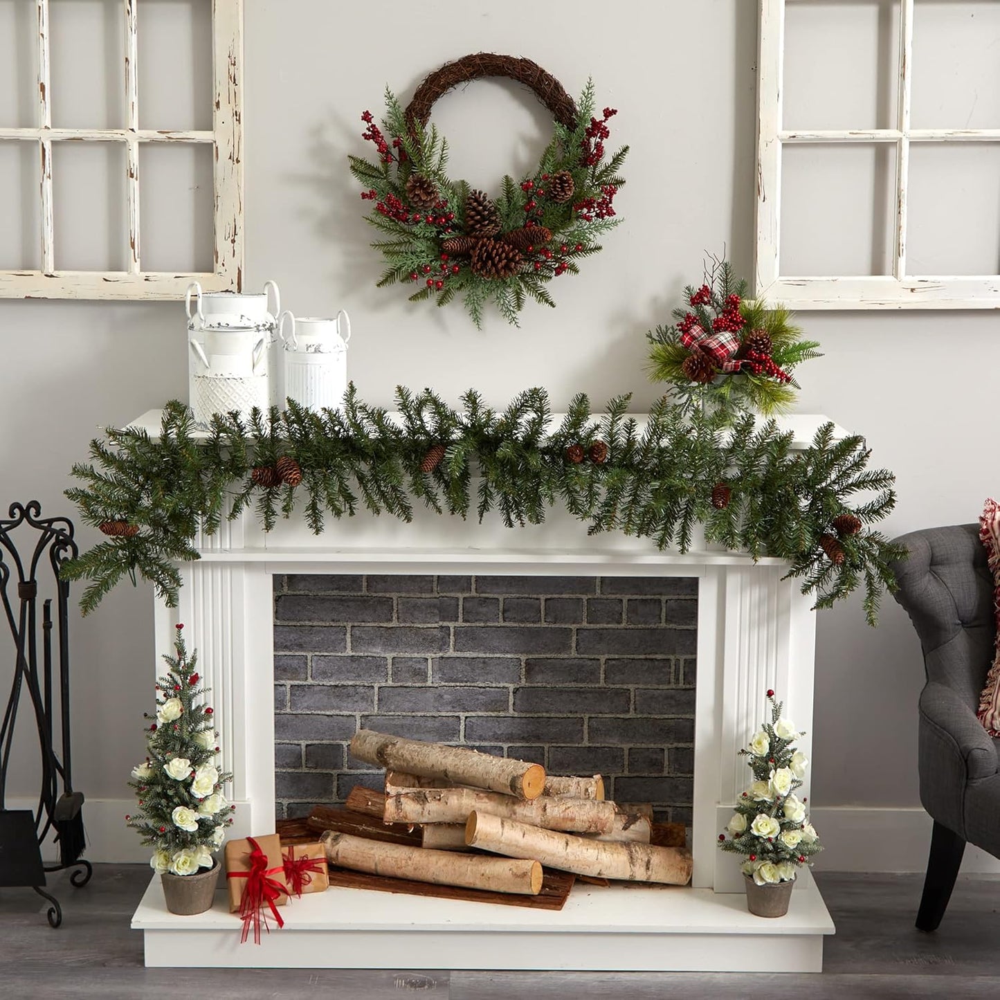 22In. Mixed Cedar with Berries and Pine Cones Artificial Wreaths, Green/Red , 3.5X22X22