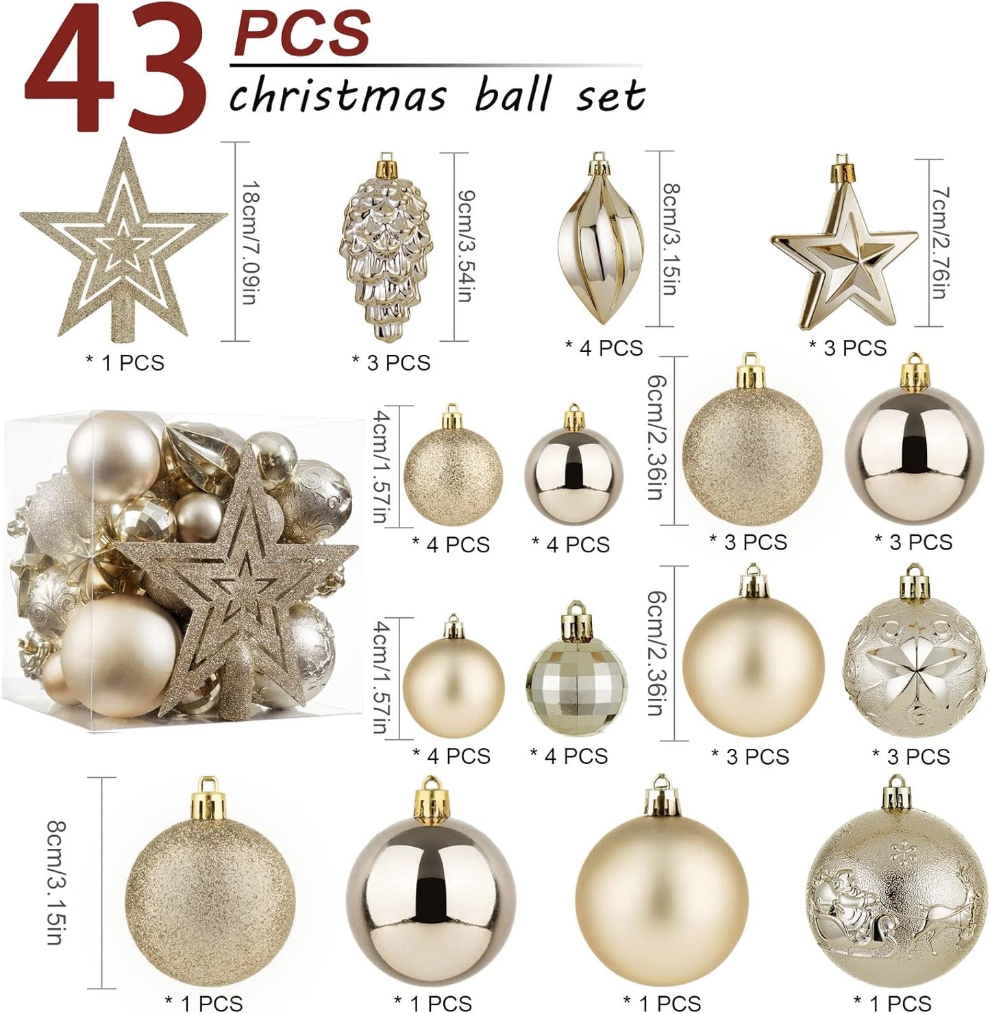 Christmas Ball Ornaments - 43Pcs Shatterproof Christmas Tree Decorative Hanging Ornaments with Loop for Xmas Holiday Party Wreath Home Decoration, Champagne(Combo of 10 Ball and Shaped Styles)