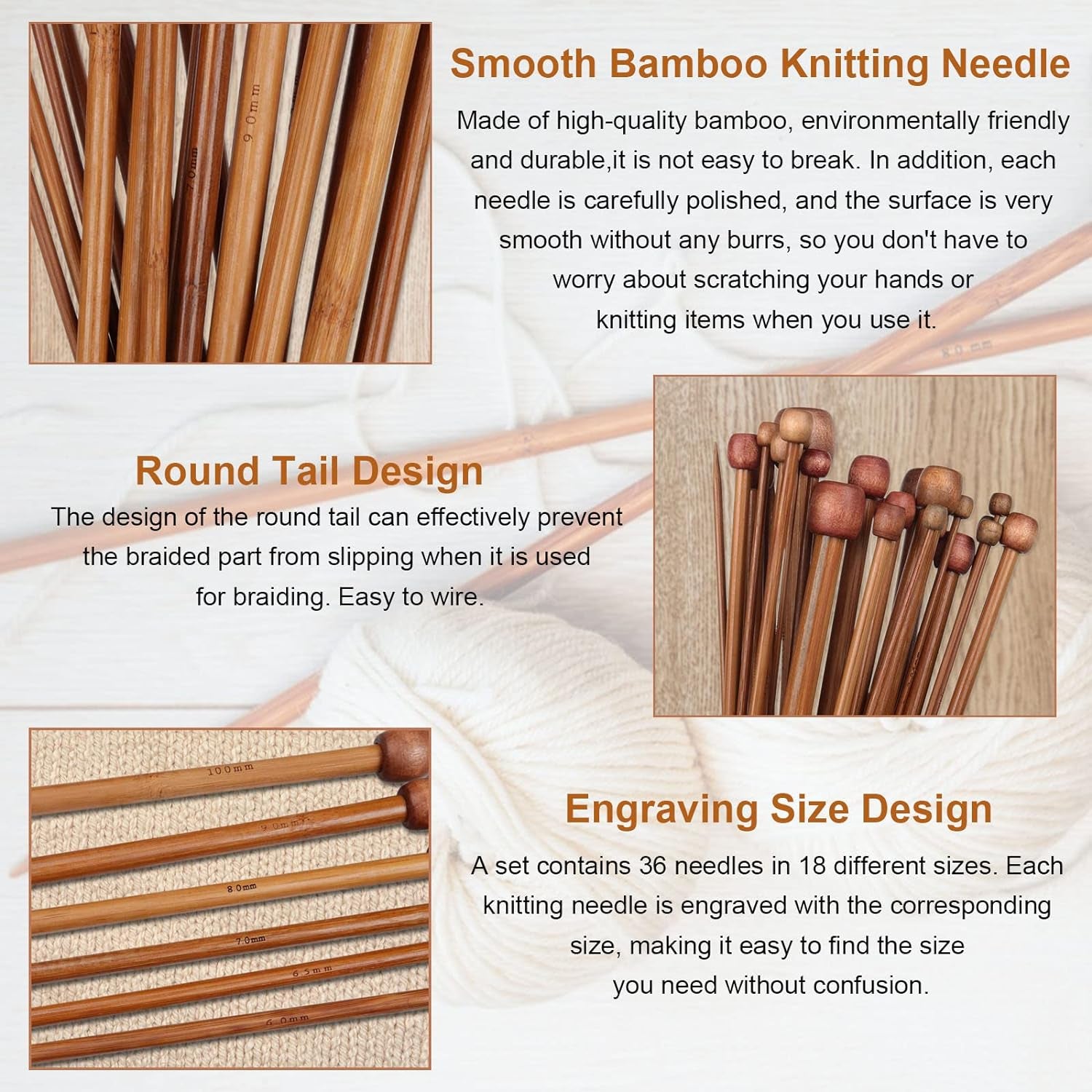 Bamboo Knitting Needles 18 Pairs Knitting Needles Set - 10 Inches Wooden Knitting Needle Single Point Knitting Needles with Roll Bag - Portable Knitting Needle Set for Beginners (2Mm - 10Mm)