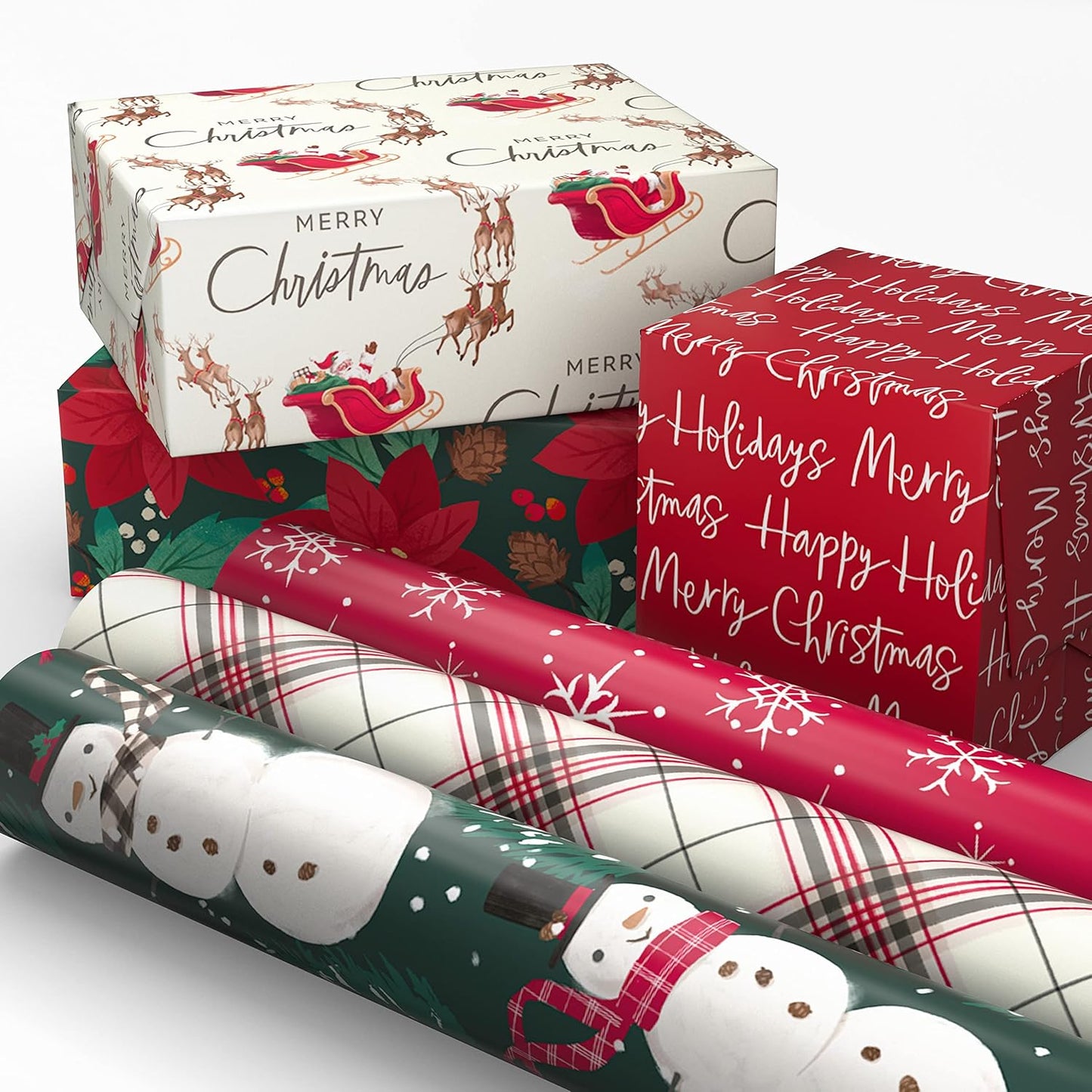 Rustic Recyclable Christmas Wrapping Paper (6 Rolls: 180 Sq. Ft. Total) Red, White and Hunter Green Plaid, Poinsettias, Snowflakes, "Merry Christmas," Snowman, Santa