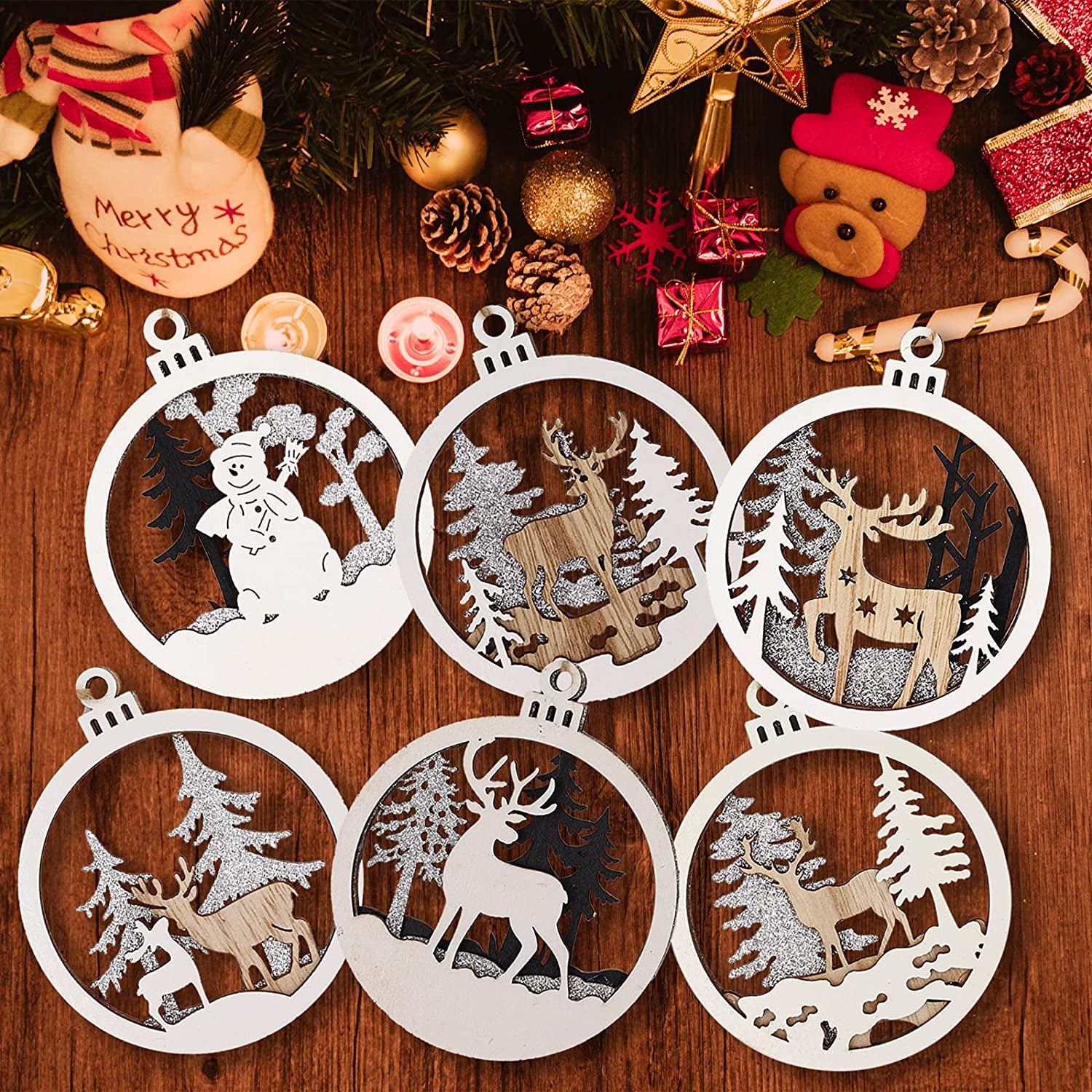 16Pcs Winter Christmas Hanging Ornaments for Tree - 3D Wooden Acrylic Christmas Cutouts Reindeer Snowman Snowflake Ornaments for Christmas Tree Gifts Winter Party Supplies