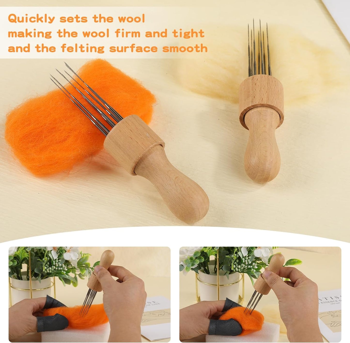 Felting Needle with Eight Needles Tool,Craft Wool Felt Stitch Punch Tool with Solid Wood Handle Felting Eight Needles Tool with Finger Cots