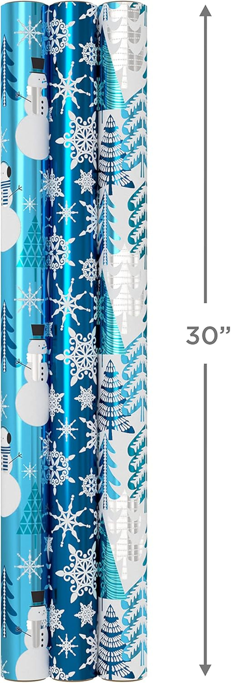 Blue Foil Christmas Wrapping Paper with Cut Lines on Reverse (3 Rolls: 60 Sq. Ft. Ttl) Snowmen, Snowflakes, Christmas Trees