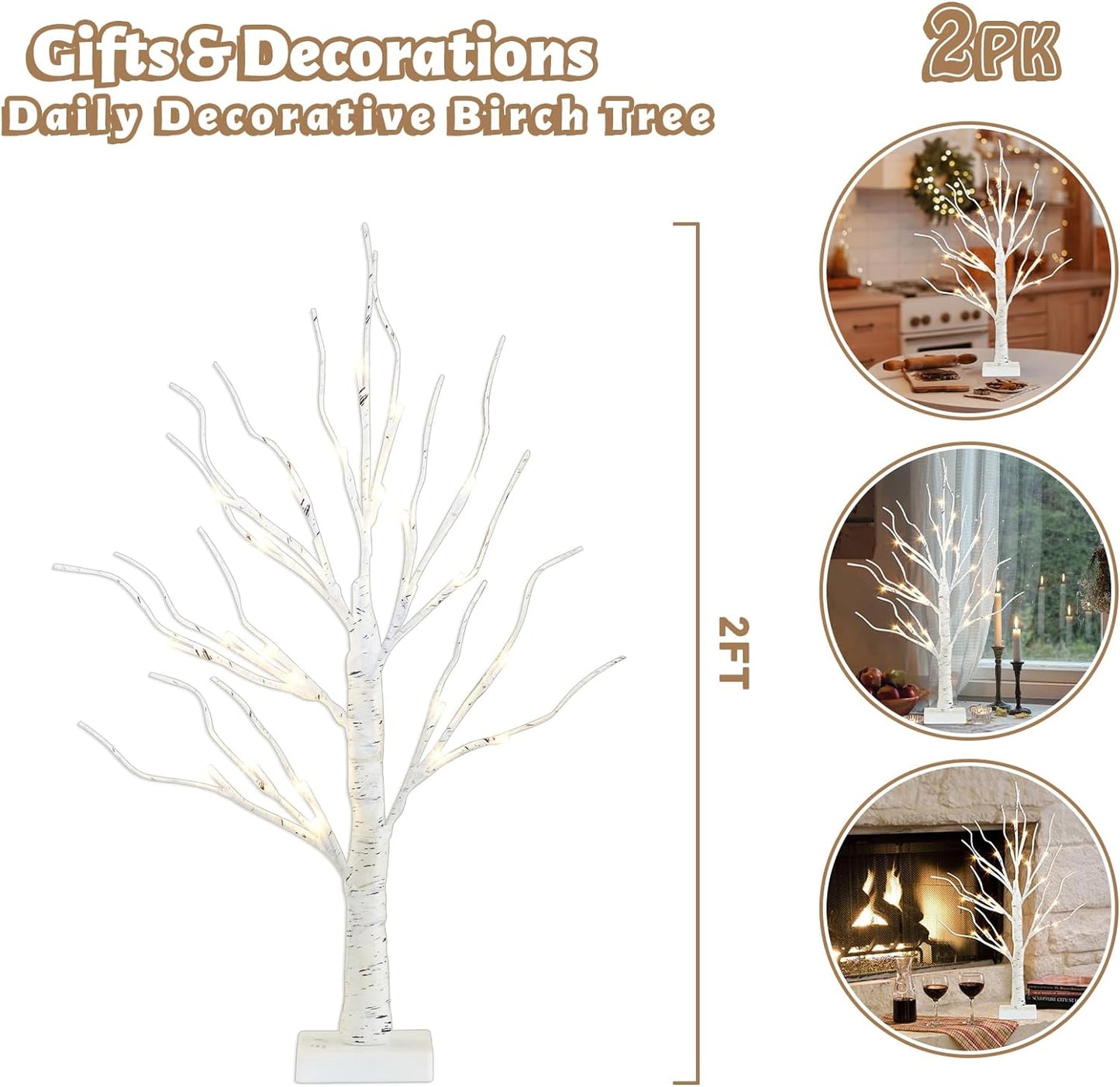 Christmas Tree for Home Decor, 2 FT Tabletop Tree with LED Lights, White Birch Tree with Lights, Fairy Light Tree for Room inside Fireplace Christmas Decorations, Battery Powered, Timer (4PK)