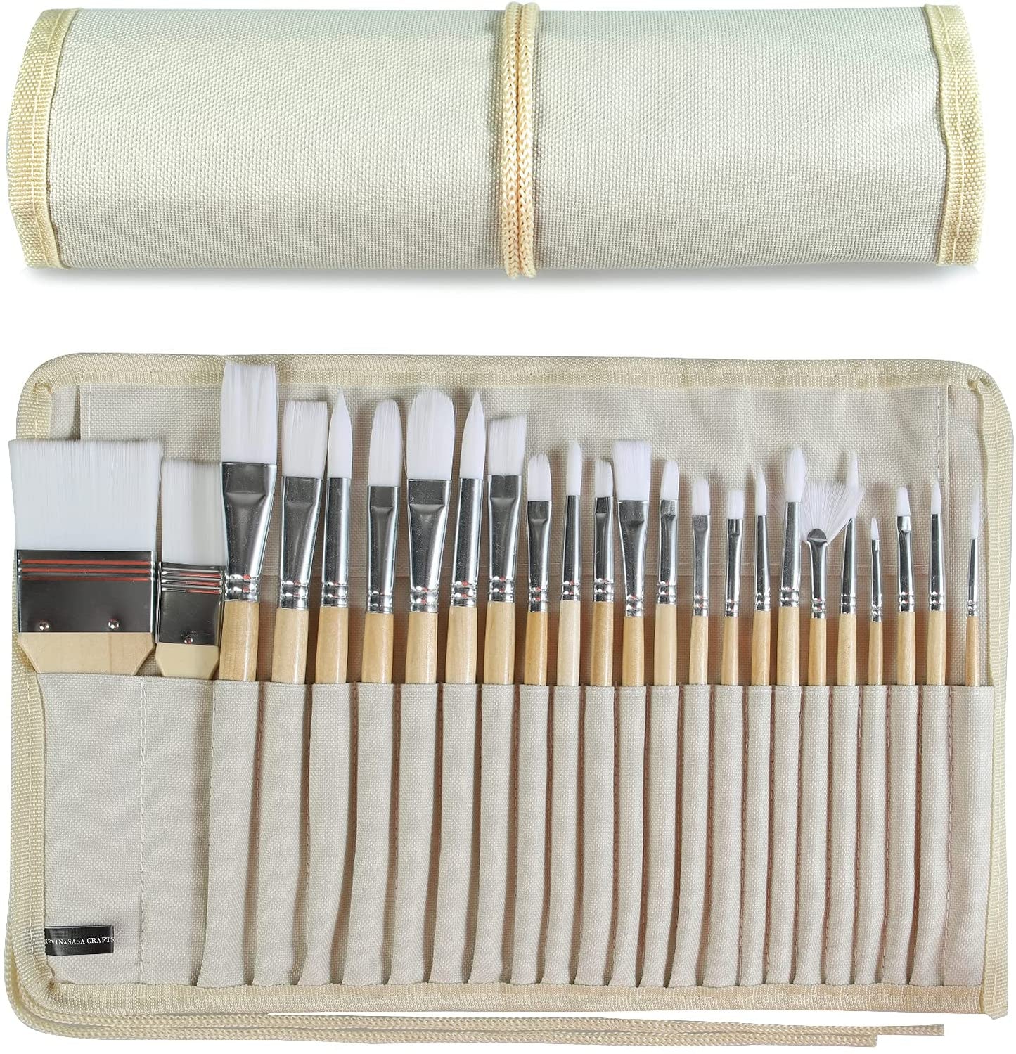 Paint Brushes Set of 24 Pieces Wooden Handles Brushes with Canvas Brush Case, Professional for Oil, Acrylic and Watercolor Painting