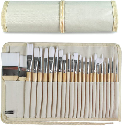 Paint Brushes Set of 24 Pieces Wooden Handles Brushes with Canvas Brush Case, Professional for Oil, Acrylic and Watercolor Painting