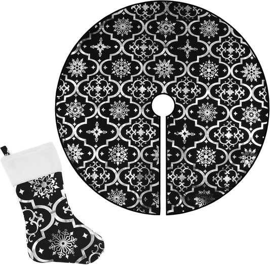 36 Inch Large Christmas Tree Skirt Xmas Soft Cover Mat Decor Snowflake Collar Farmhouse Tree Skirt for Holiday Ornaments Party Home Indoor Decorations (Black, 36INCH)