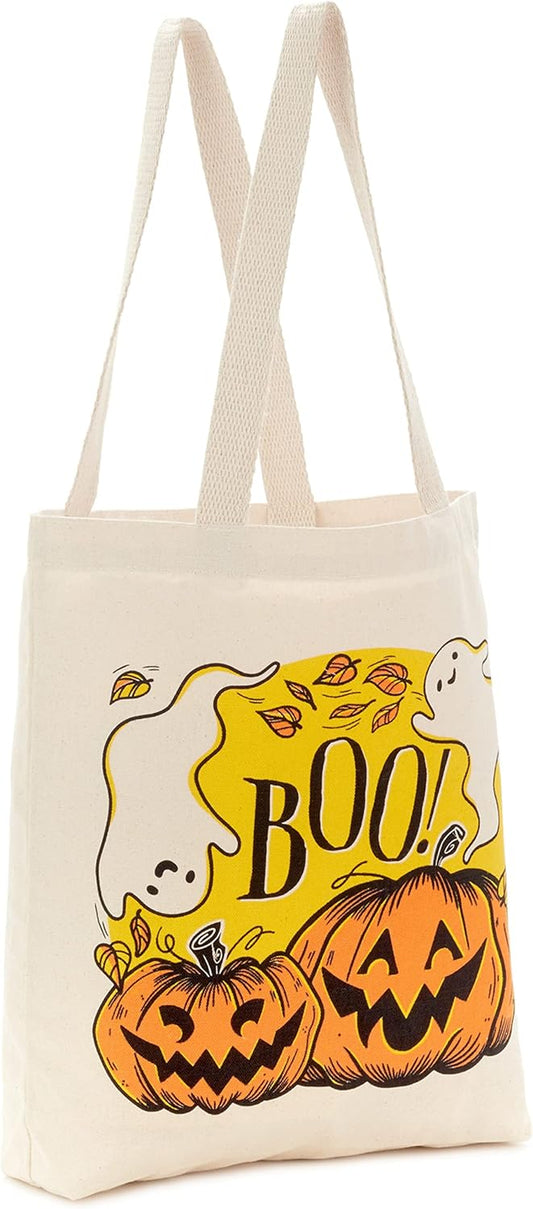 13" Large Halloween Tote Bag (Pumpkins and Ghosts, Boo!) Reusable Canvas Bag for Trick or Treating, Grocery Shopping and More