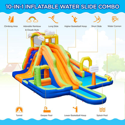 Inflatable Water Slide, 10-In-1 Rainbow & Clouds Style Water Slide Combo W/ 2 Pools & Large Climbing Wall & Tunnel, Double Lane Water Slide for Kids Aged 3-10 W/Storage Bag & 650W Blower