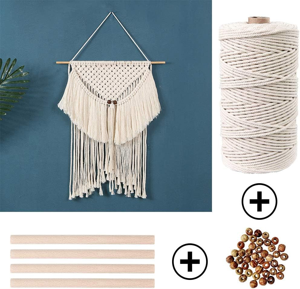 152Pcs Macrame Kits for Beginners 3Mm X 220Yards Natural Cotton Macrame Cord with Wooden Beads,Wooden Rings,Wooden Sticks,Metal Rings Macrame Supplies Best for Macrame Plant Hanger