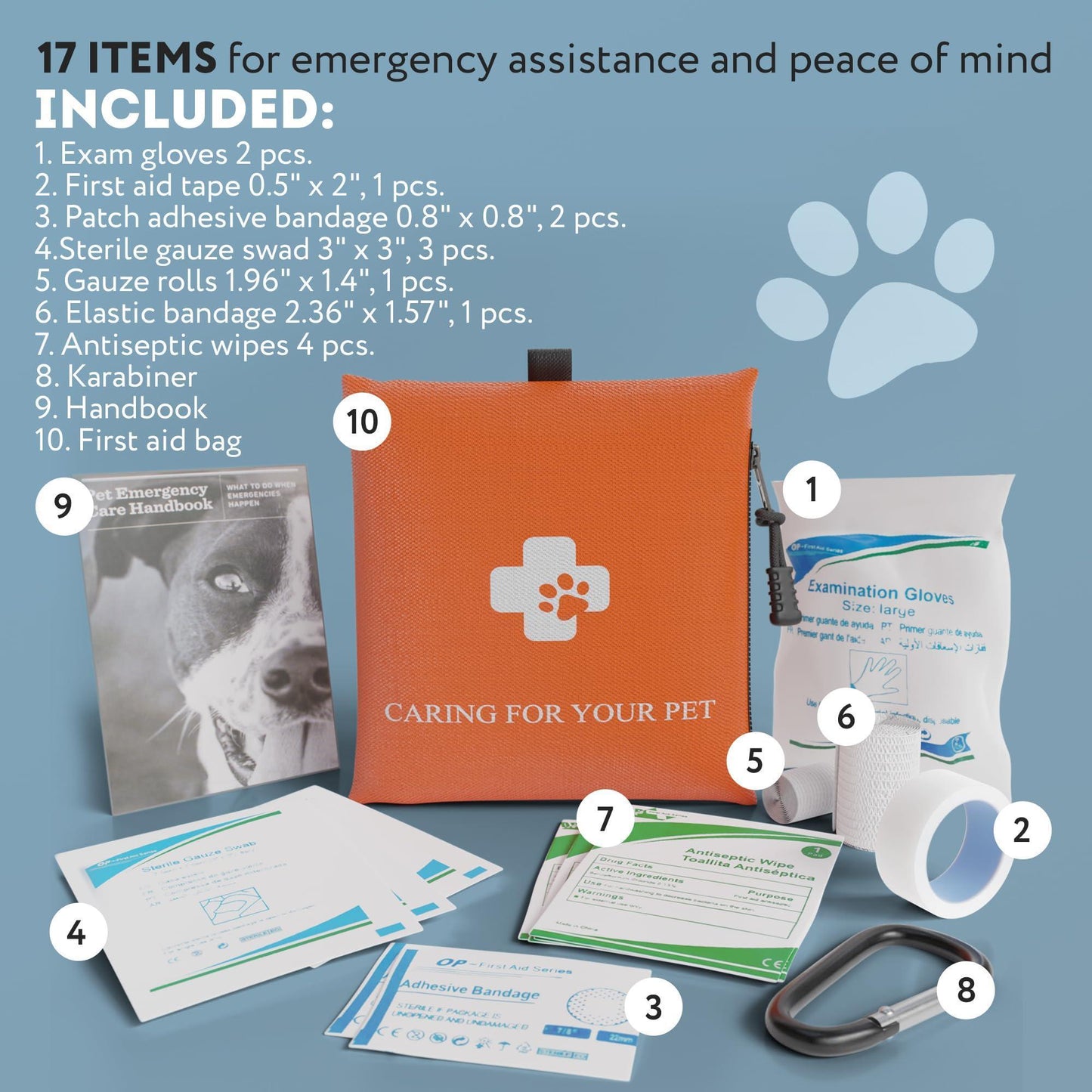 Animal First Aid Kit. Portable Pet Emergency Kit of 17 Pcs. Lightweight Dog