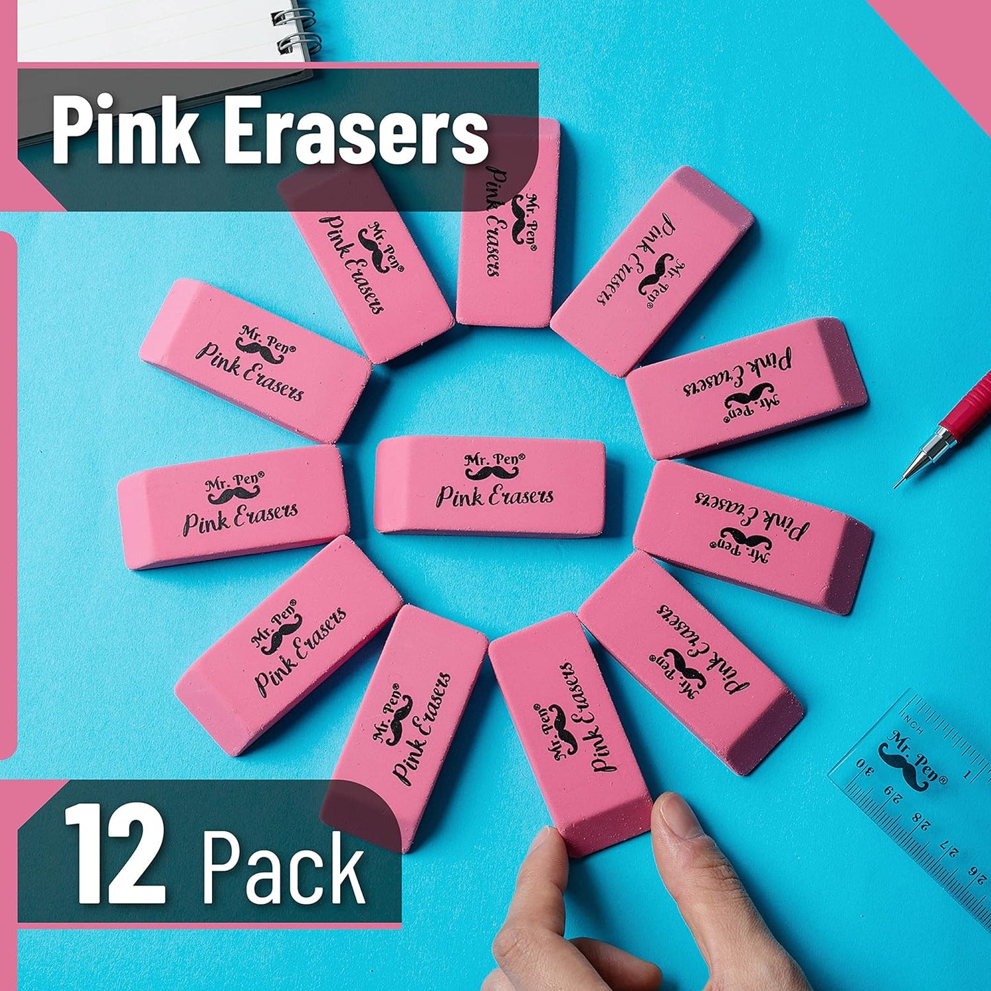 Pink Pencil Erasers, Large, Pack of 12
