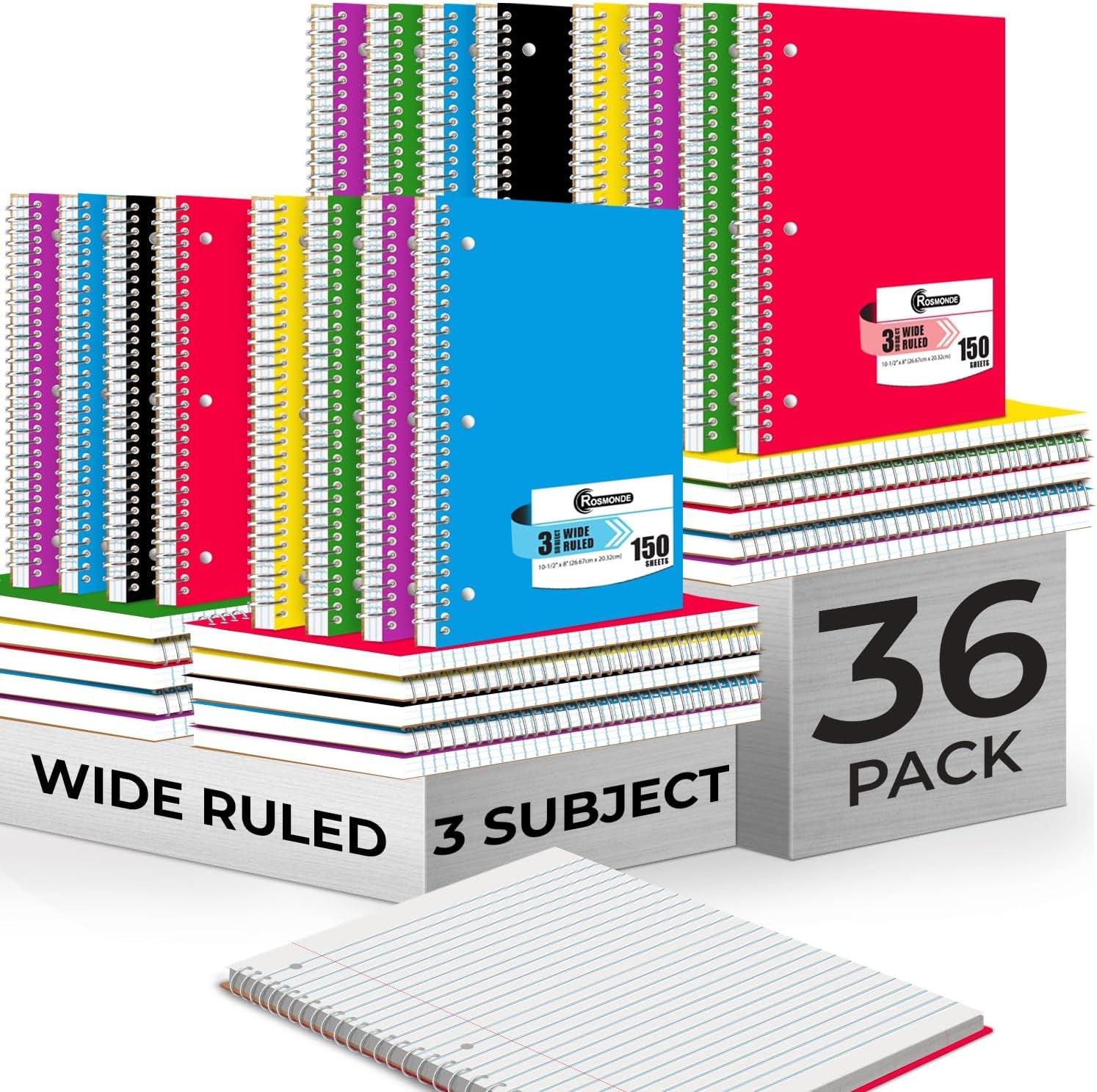 Spiral Notebooks, 12 Pack, 1 Subject Notebook, Wide Ruled, 70 Sheets, 8 X 10-1/2", 3 Hole Punched, School Supplies, Bulk Single Subject Spiral Notebook Bulk, Assorted Colors Pack of Notebooks