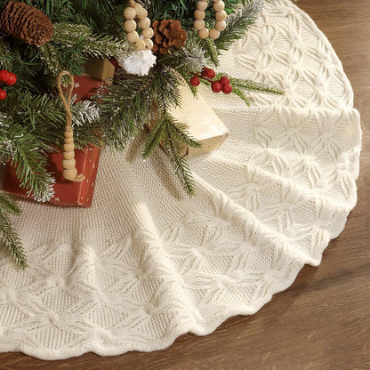 Knitted Christmas Tree Skirt: 36 Inches Cream White Tree Skirt, Crossed Willow Leaf Edge Cable Knit Rustic Christmas Tree Decorations, Christmas Decor Xmas Holiday Home Party Decorations