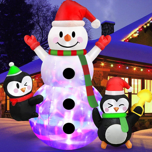 6 FT Christmas Inflatables Snowman with Penguins Built-In Rotating Colorful LED Lights Christmas Inflatable Outdoor Decoration, Christmas Blow Ups for Yard Garden Lawn Xmas Holiday Decor